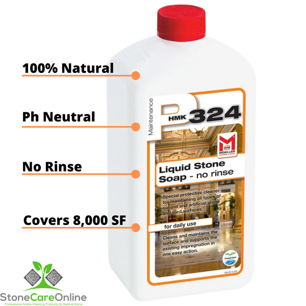 pH neutral liquid stone soap for maintaining natural stone counters, floors, showers and all stone surfaces. Diluted mix covers up to 8000 square feet per liter.